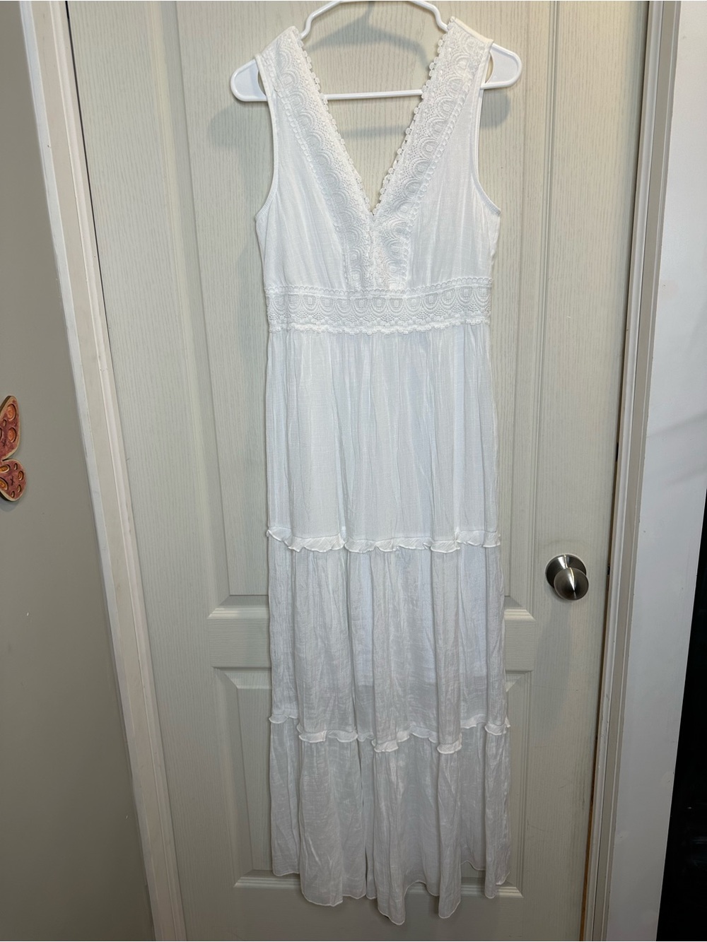Rebellion White Tiered Semi sheer Maxi Dress with Crochet Detail M boho flowy